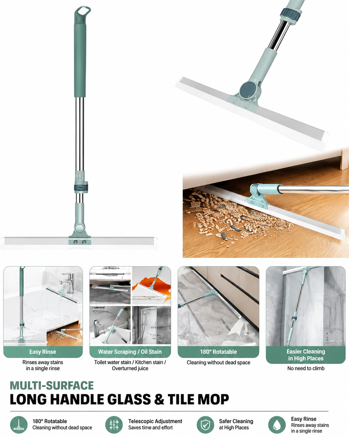 🧹 Multi-Surface Long Handle Glass & Tile Mop | ✨ Easy Cleaning Wiper for Glass, Tiles & Floors